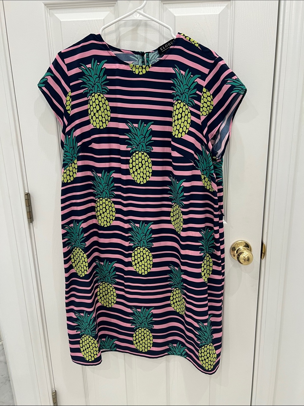 Eloquii Navy & Pink Striped Pineapple Print Dress 14